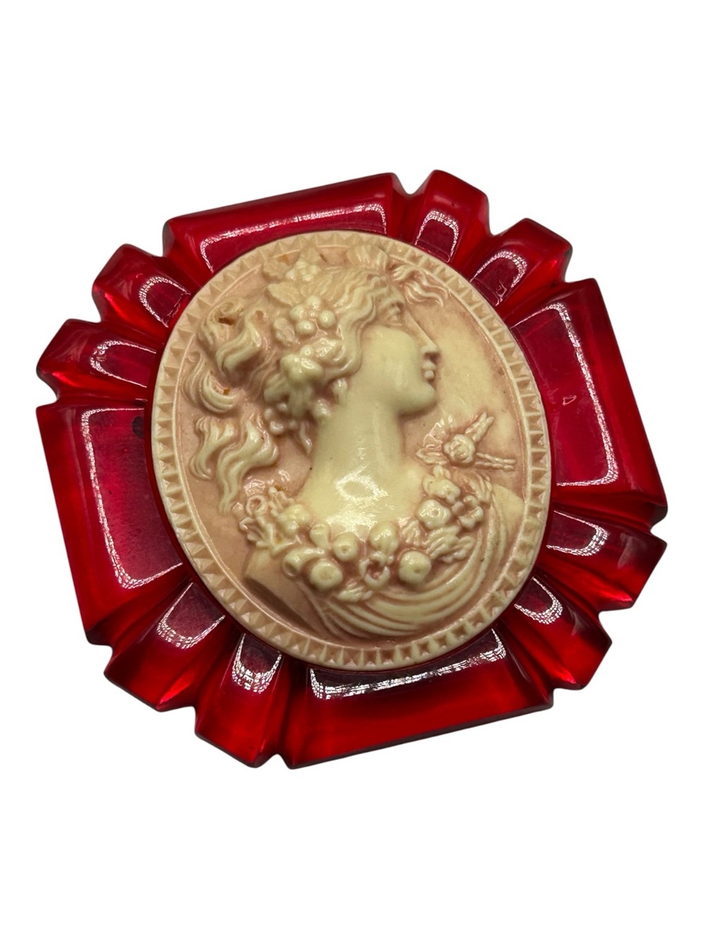 Vintage Red Prystal Bakelite Catalin Celluloid Cameo Brooch